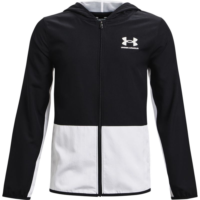 Black and white Under Armour kids' full zip rain jacket with hood from O'Neills.