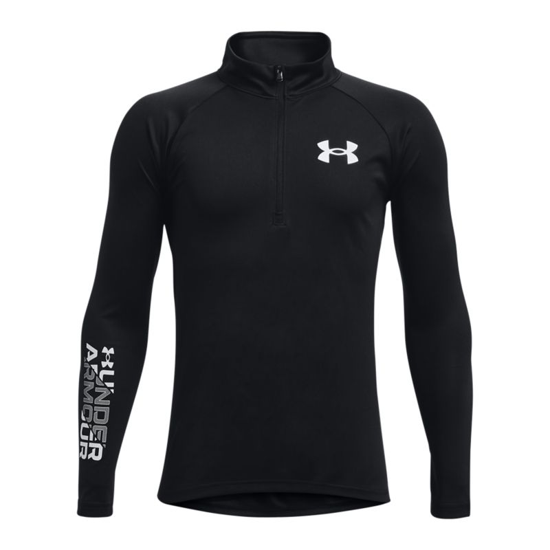 Black Under Armour kids' half-zip training top, made from ultra-soft UA Tech™ fabric, featuring Under Armour logos on front and sleeve available from O'Neills.