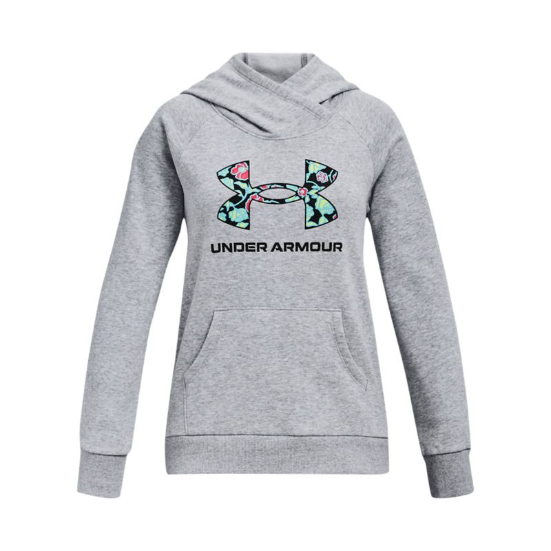 Kids' Grey Under Armour Rival Fleece Core Logo Hoodie, with a front kangaroo pocket from O'Neills.