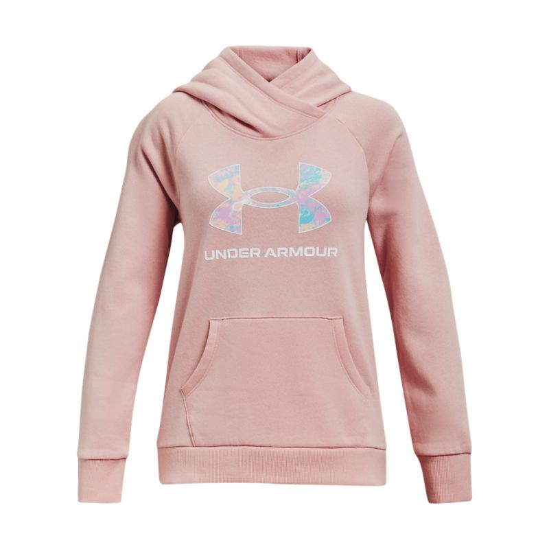 Kids' Pink Under Armour Rival Fleece Core Logo Hoodie, with a front kangaroo pocket from O'Neills.