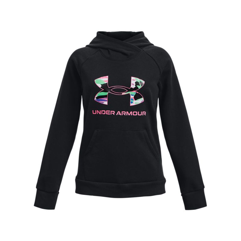 Kids' Black Under Armour Rival Fleece Big Logo Hoodie, with a front kangaroo pocket from O'Neills.