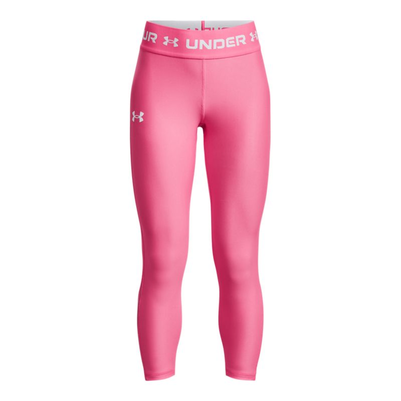 Kids' Pink Under Armour HeatGear® Armour Ankle Crop Leggings, with mesh panels from O'Neills.