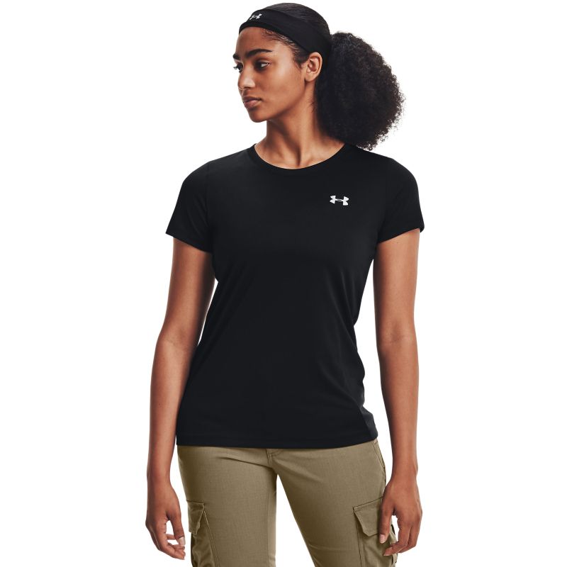 Black women's Under Armour Tech gym t-shirt with short sleeves and white UA logo from O'Neills.