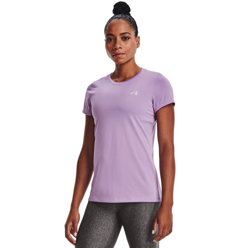 Purple women' Under Armour Tech gym t-shirt with short sleeves and UA logo on left chest from O'Neills.