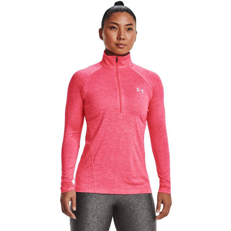 Pink women's Under Armour half zip top with silver logo and shaped fit from O'Neills.