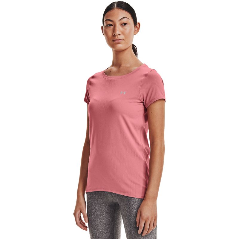 Women's Under Armour pink t-shirt with short sleeves and silver UA logo on left chest from O'Neills.