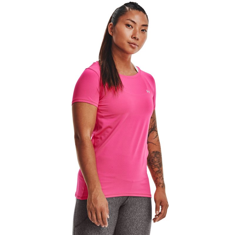 Pink women's Under Armour HeatGear Armour gym t-shirt with drop tail hem from O'Neills.