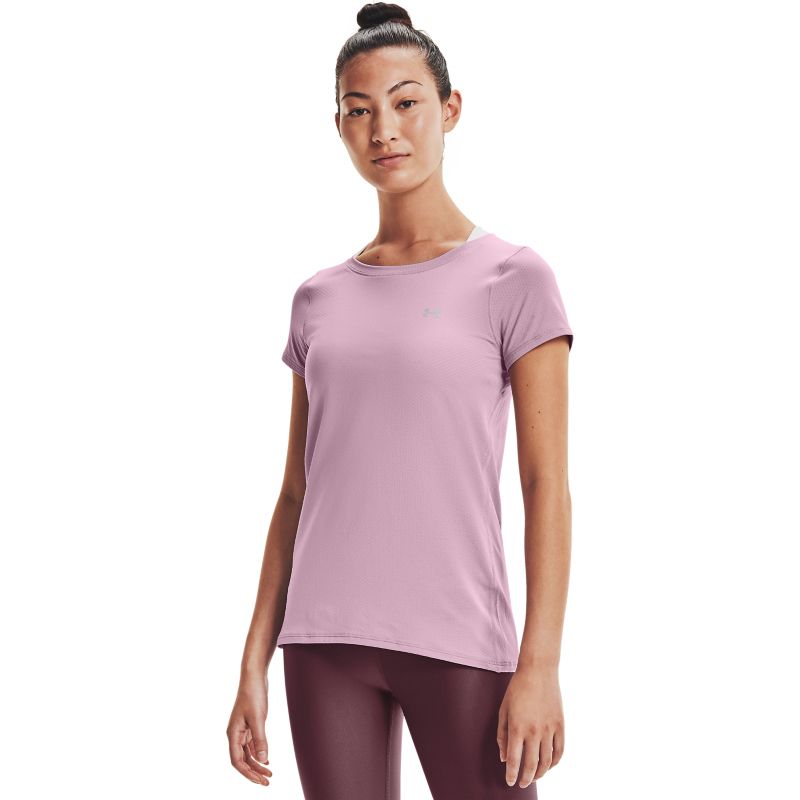 Pink Under Armour women's gym t-shirt with silver UA logo on left chest from O'Neills.