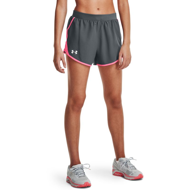 Grey women's Under Armour Fly By shorts with pink trim and elasticated waistband from O'Neills.