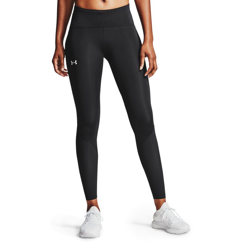 Black Under Armour women's gym leggings with deep waistband and mesh panels from O'Neills.