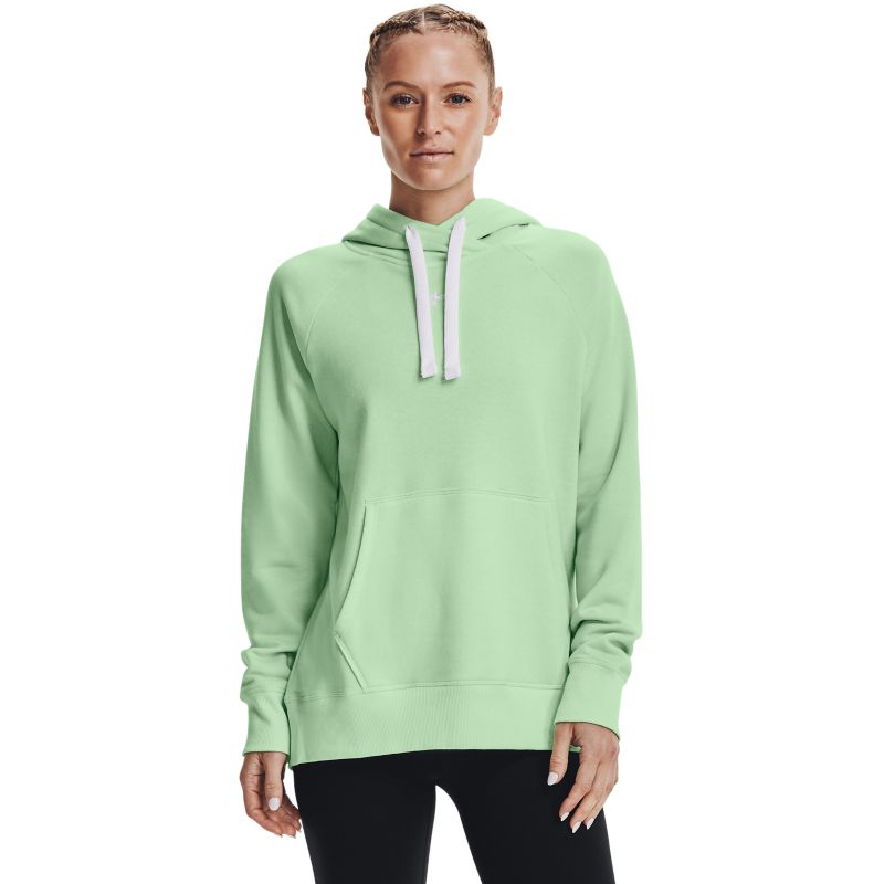 Green Under Armour women's overhead hoodie with white drawstrings and front pouch pocket from O'Neills.