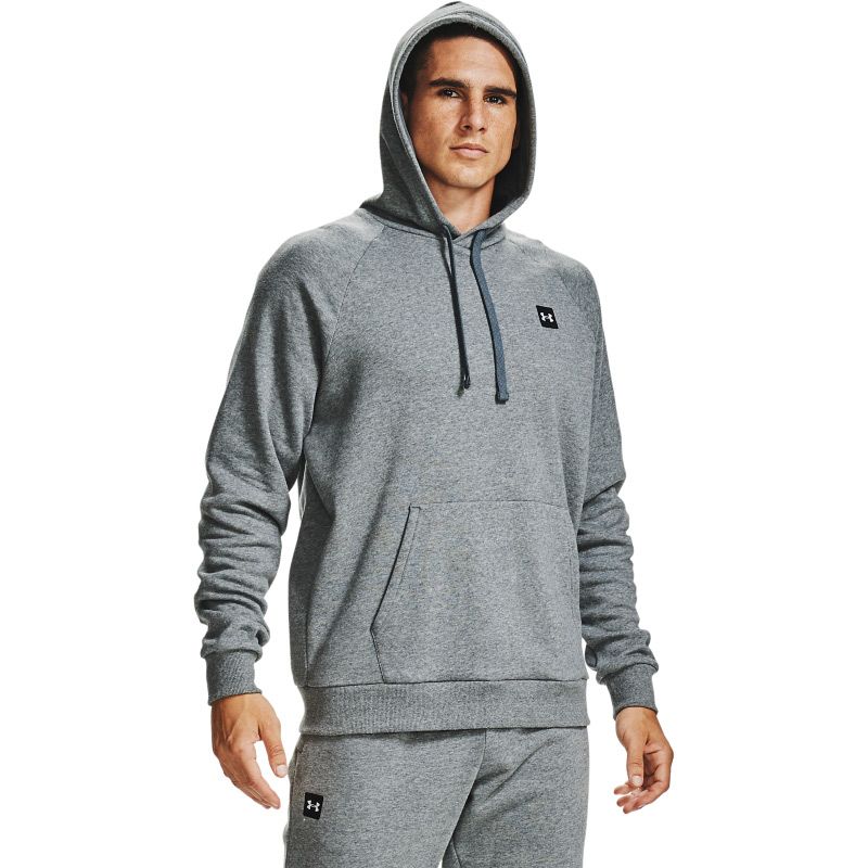 Grey Under Armour men's loungewear overhead hoodie with drawstring hood from O'Neills.