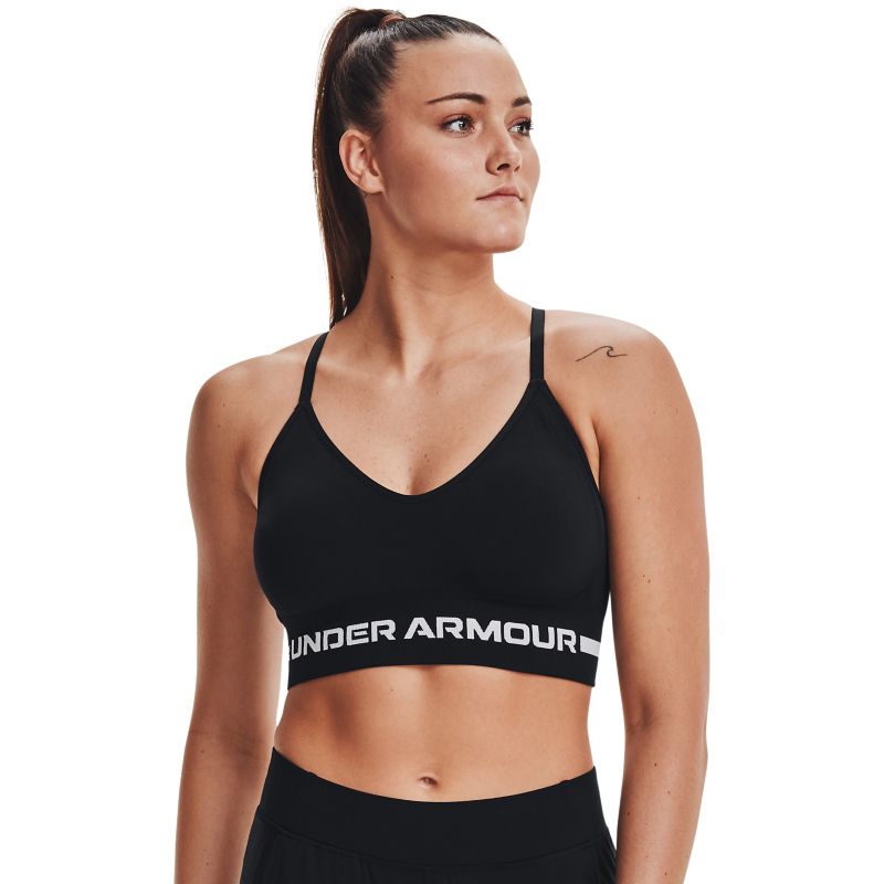 Black Under Armour women's sports bra with cross back design from O'Neills.