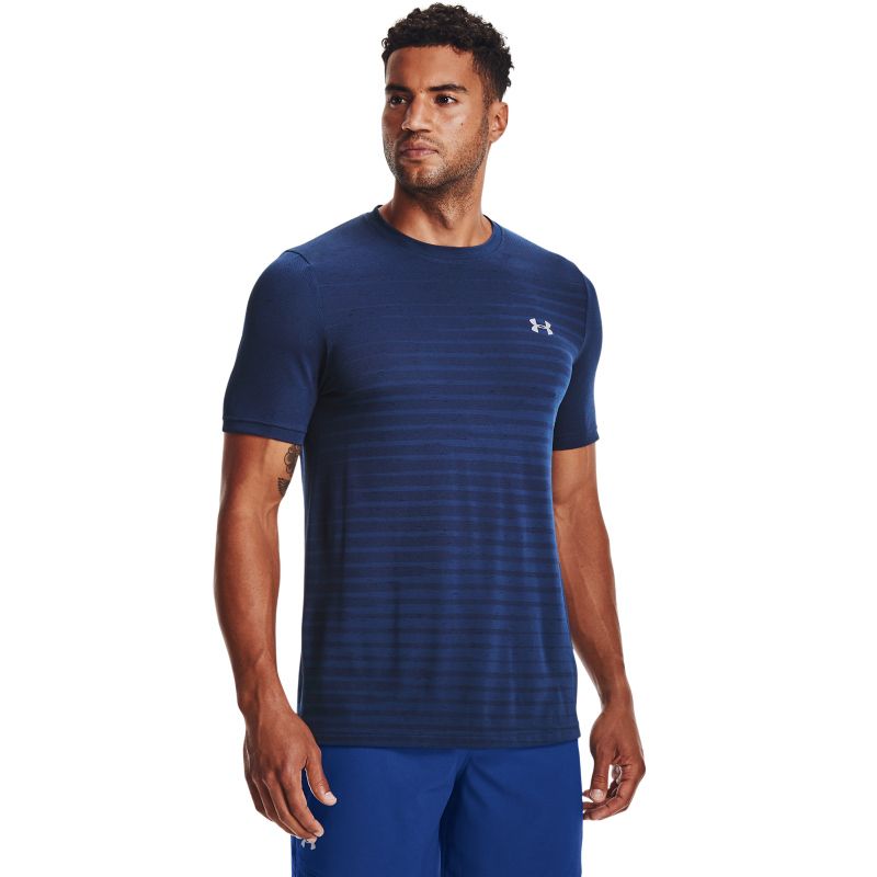 Navy Under Armour men's running t-shirt with grey UA logo on left chest from O'Neills.