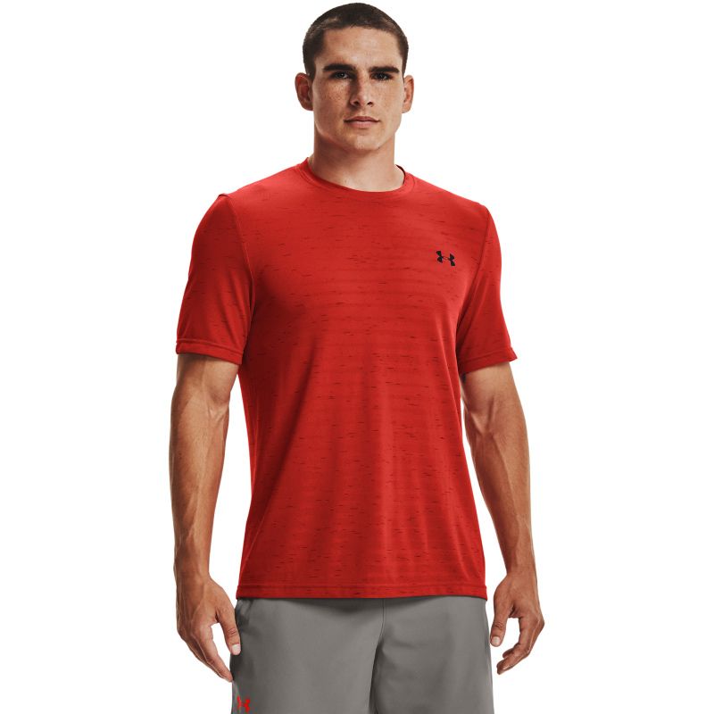 Red Under Armour men's seamless running t-shirt with black UA logo on left chest from O'Neills.