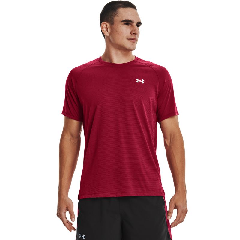 Maroon men's Under Armour running t-shirt with reflective details and short sleeves from O'Neills.