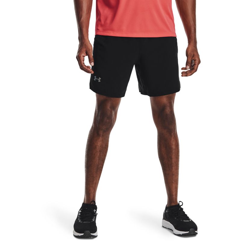 Black Under Armour men's running shorts with mesh side panels from O'Neills.