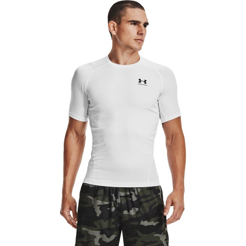 White Under Armour men's gym baselayer t-shirt with black UA logo on left chest from O'Neills.