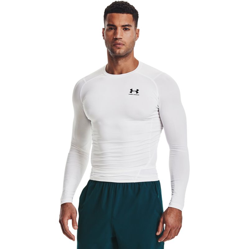 White Under Armour men's long sleeve baselayer top with black UA logo from O'Neills.