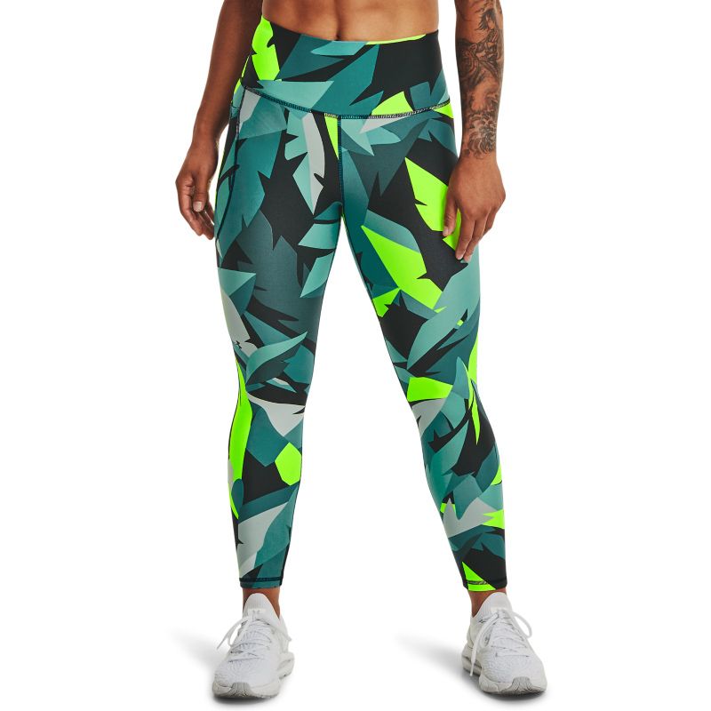 Women's Green Under Armour HeatGear® Armour No-Slip Waistband Printed Ankle Leggings, with side drop-in pocket from O'Neills.