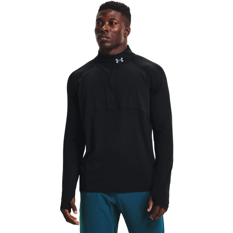 Black men's Under Armour running half zip top with reflective UA logo and thumbholes from O'Neills.