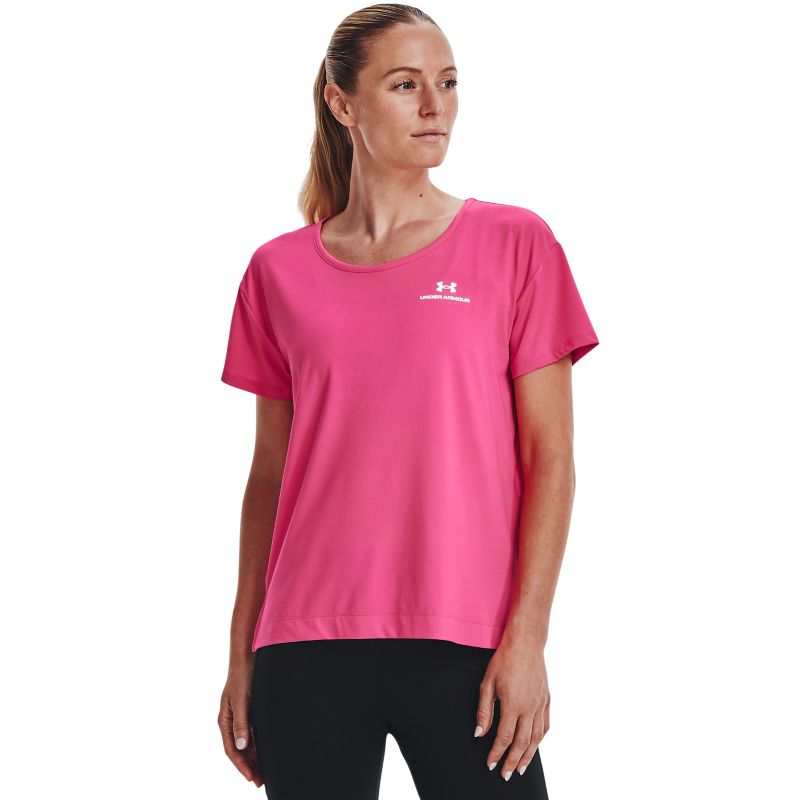Pink women's Under Armour RUSH training t-shirt with short sleeves and side vent hem from O'Neills.