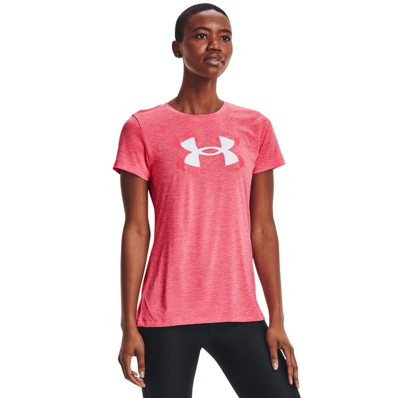 Women's Under Armour t-shirt pink with short sleeves and large white UA logo on centre from O'Neills.
