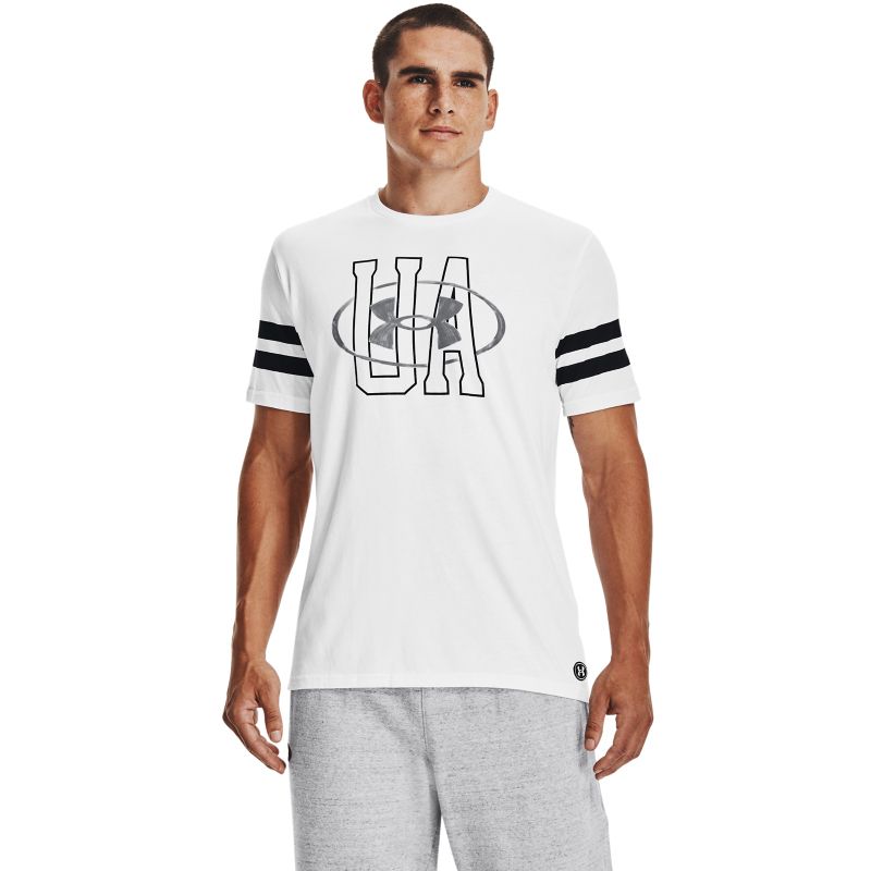 White Under Armour men's t-shirt with large UA logo on centre of chest and black stripes on sleeves from O'Neills.