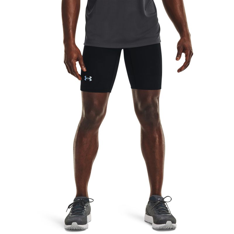 Black Under Armour men's half tights, made from soft, quick drying material, featuring encased waistband, a built in pocket and reflective logos available from O'Neills.
