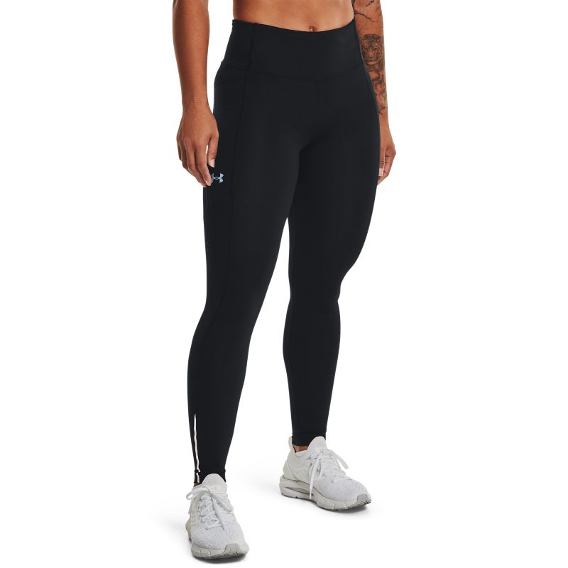 Black Under Armour women's leggings made from HeatGear® fabric with a 4 way stretch, featuring a high waist band with interior draw cord, a side drop in pocket and reflective detailing available from O'Neills.