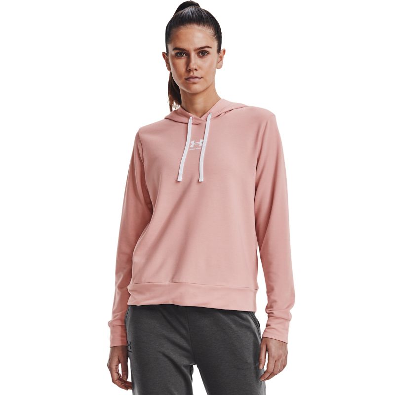 Pink women's Under Armour overhead hoodie with drawstring hood and white UA logo from O'Neills.
