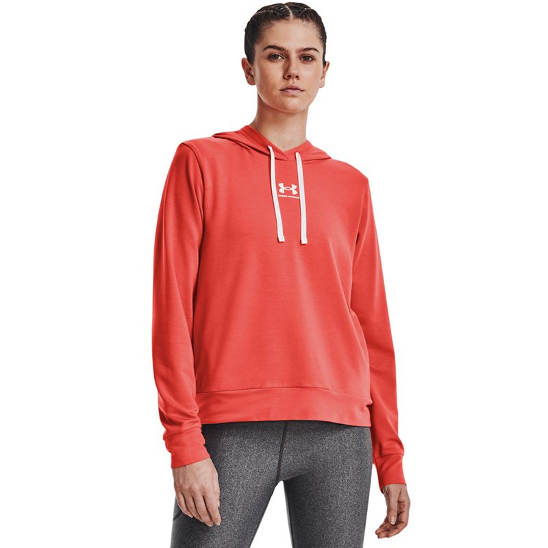 Women's Red Under Armour Rival Terry Hoodie with hidden, side-entry kangaroo pocket from O'Neills.