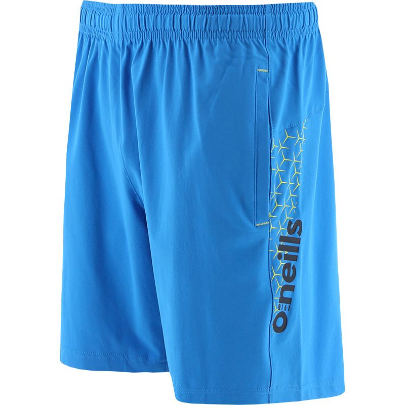 Blue men’s woven shorts with a printed design and logo on the left leg by O’Neills.