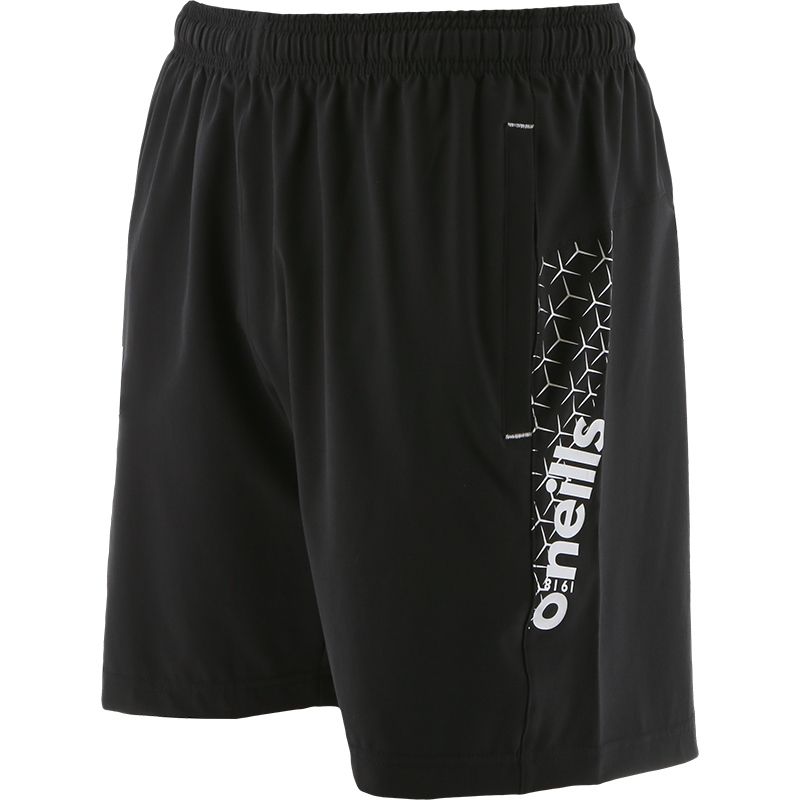 Black men’s woven shorts with a printed design and logo on the left leg by O’Neills.