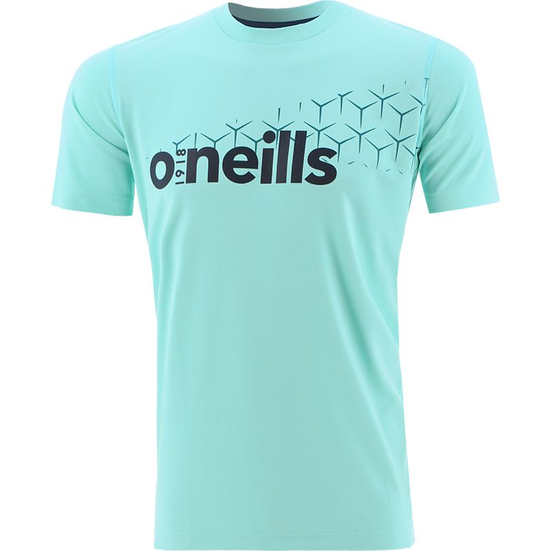 blue kids crew neck t-shirt with UV protection and a printed design and O’Neills logo on the front.