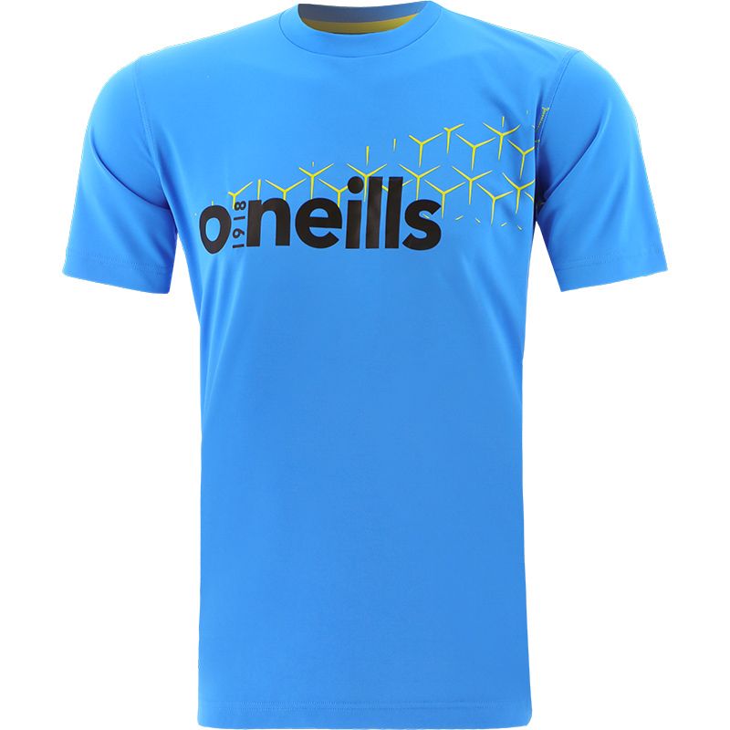 Blue kids crew neck t-shirt with UV protection and a printed design and O’Neills logo on the front.