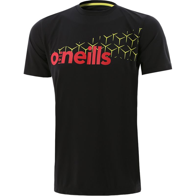 black men’s crew neck t-shirt with UV protection and a printed design and O’Neills logo on the front.