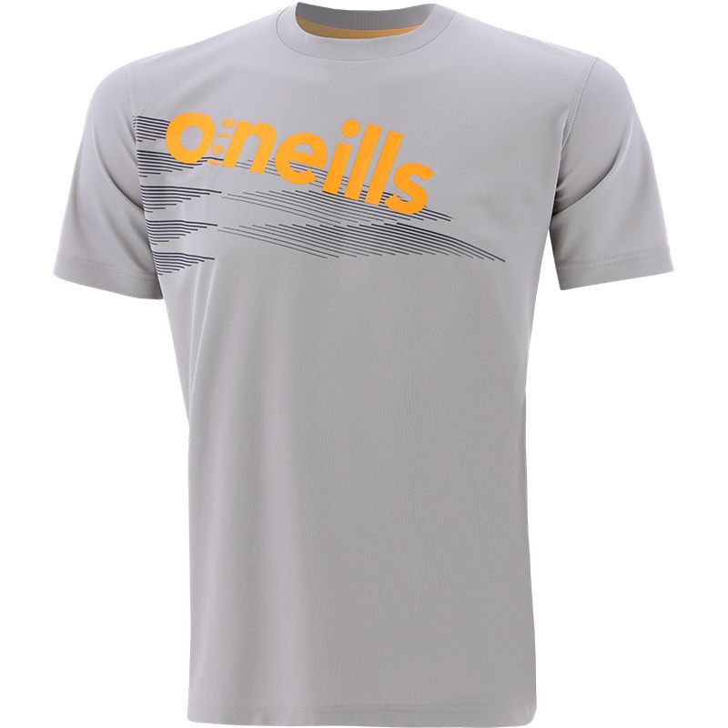 grey men’s crew neck t-shirt with UV protection and a printed design and O’Neills logo on the front.