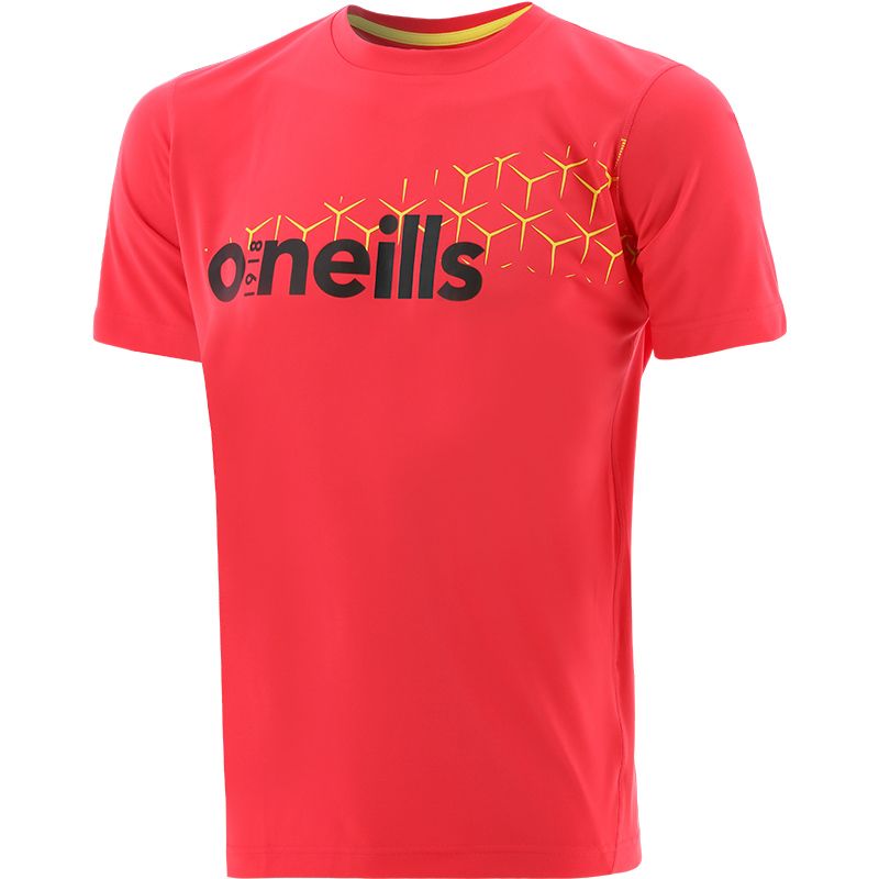 red men’s crew neck t-shirt with UV protection and a printed design and O’Neills logo on the front.