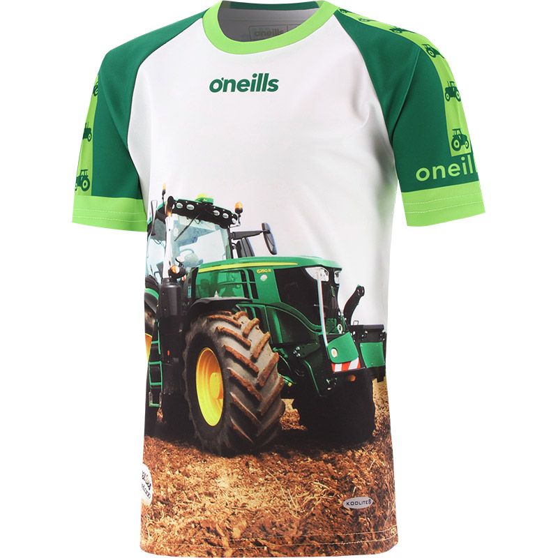 Green Kids’ Dream Green O’Neills ploughing jersey with image of a green tractor and O’Neills ball on the front and back.