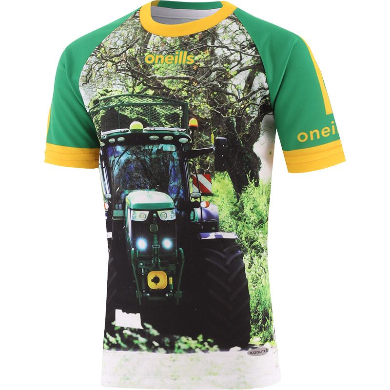 Green Kids' Green At Heart O’Neills ploughing jersey with image of a green tractor and O’Neills ball on the front.
