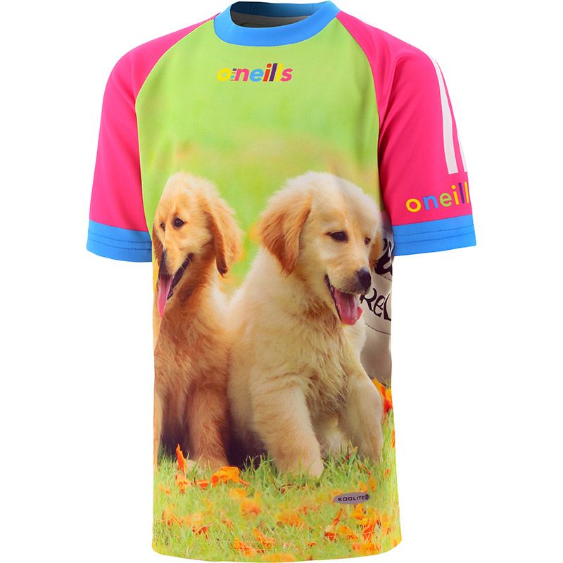 Pink and blue women's Pawsitivity O'Neills Ploughing Jersey with an image of golden retriever puppies and an O'Neills ball on the front.