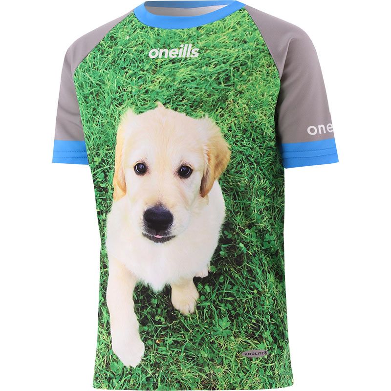 Grey Kids' Paw-Some O’Neills ploughing jersey with image of a puppy on the front and back.