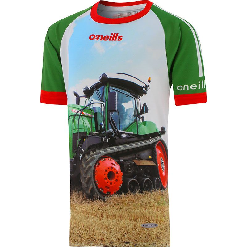Green and Red Kids' O’Neills ploughing jersey with an image of a green tractor on the front and “Great De-FENDT-ing” printed on the back.