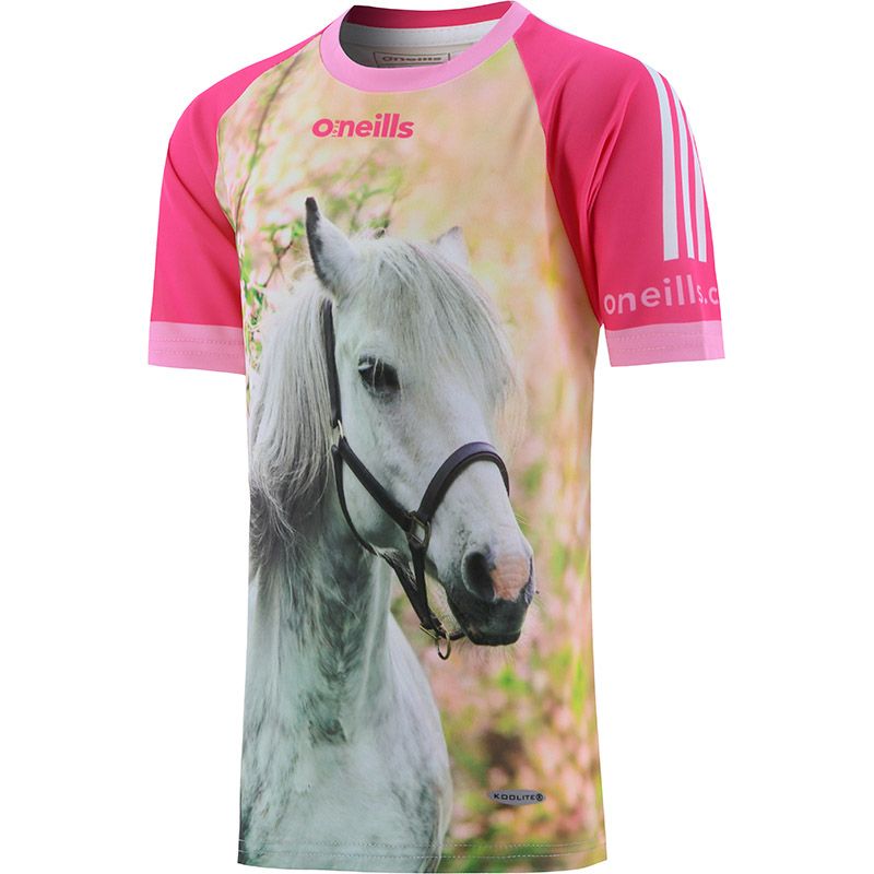 Women's pink Mane Attraction O'Neills Ploughing Jersey with an image of a white horse on the front.