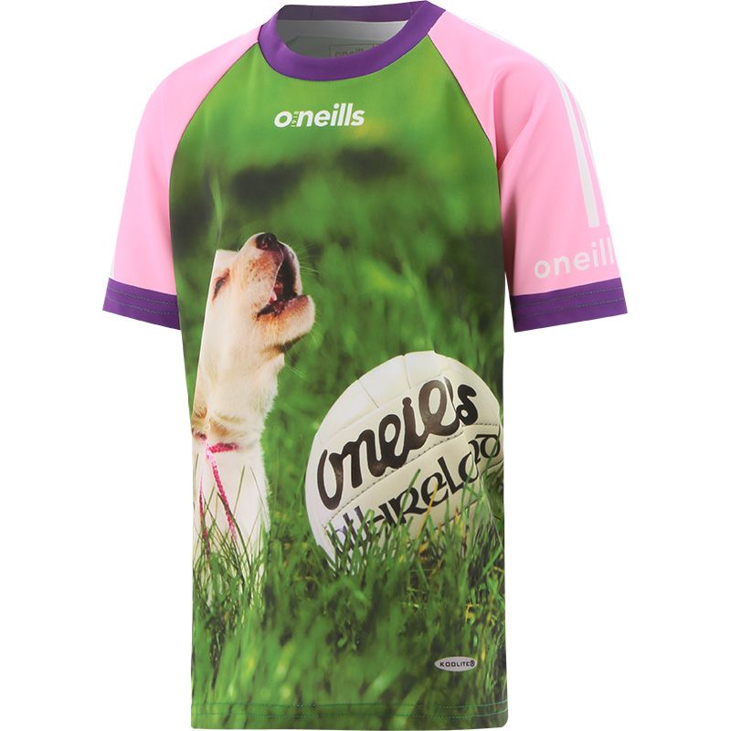 Pink and Purple Kids' O'Neills Ploughing Jersey with an image of a pup on the front and 'Gooool' printed on the back