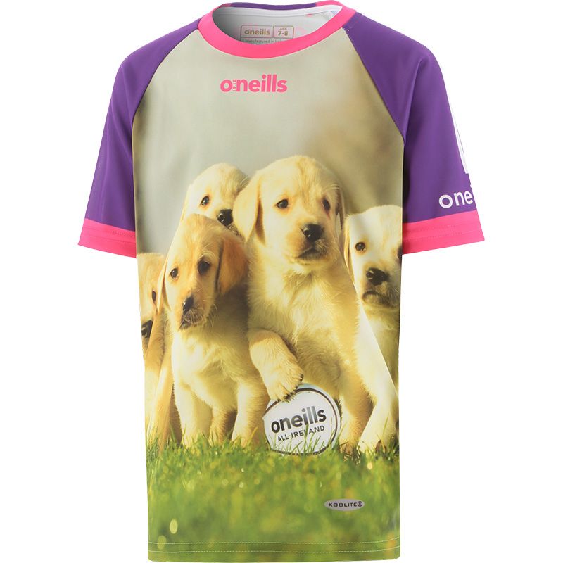Purple and pink Kids' Be Pawsitive O'Neills ploughing jersey with image of puppies on the front.