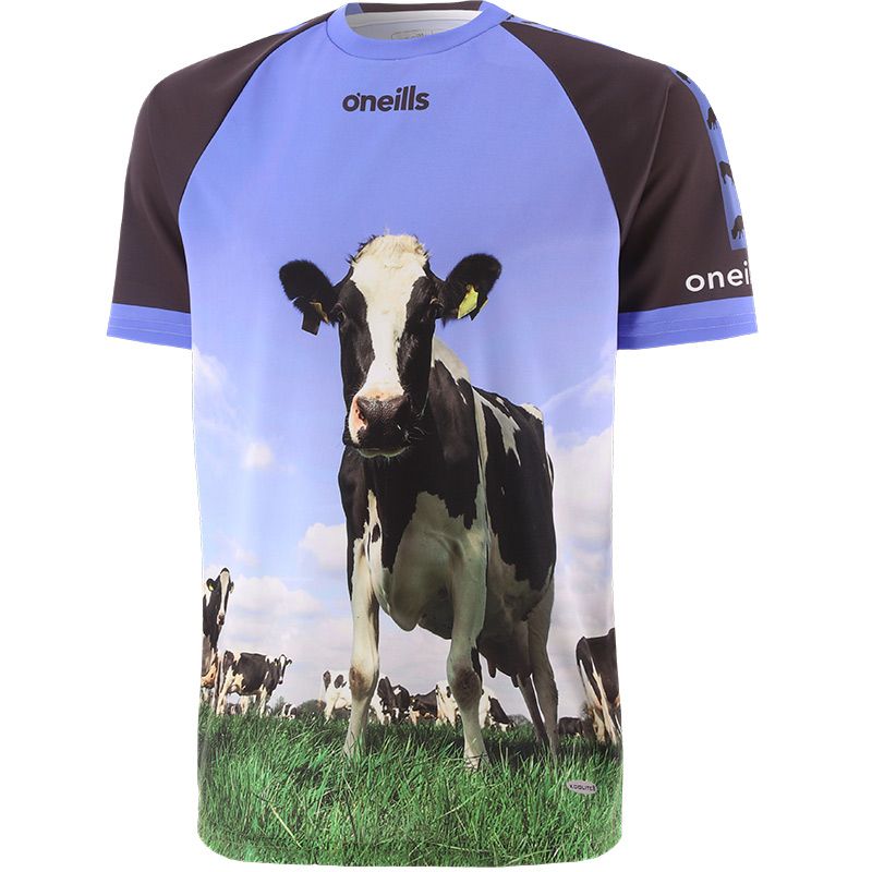 Blue Men’s Now I’ve HERD It All O’Neills ploughing jersey with image of a black and white cow on the front.