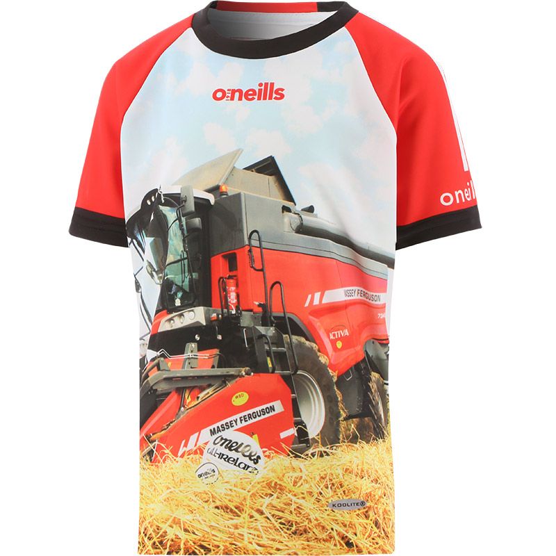 Red Kids' O'Neills ploughing jersey with an image of a red harvester on the front and 'Red Giant' printed on the back.