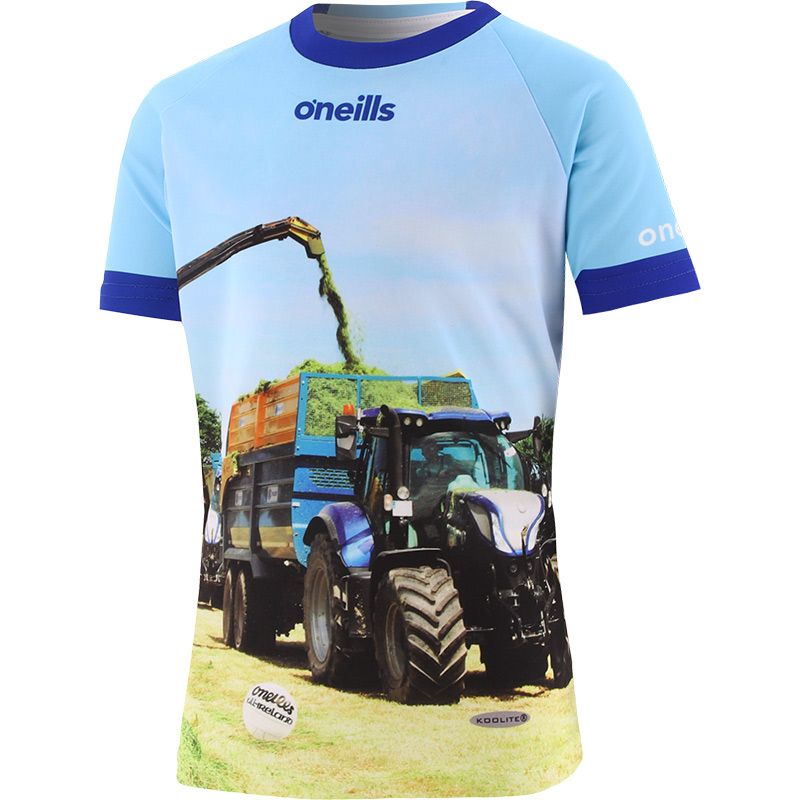 Blue Kids' Two's Company O’Neills ploughing jersey with image of 2 tractors and O’Neills ball on the front.
